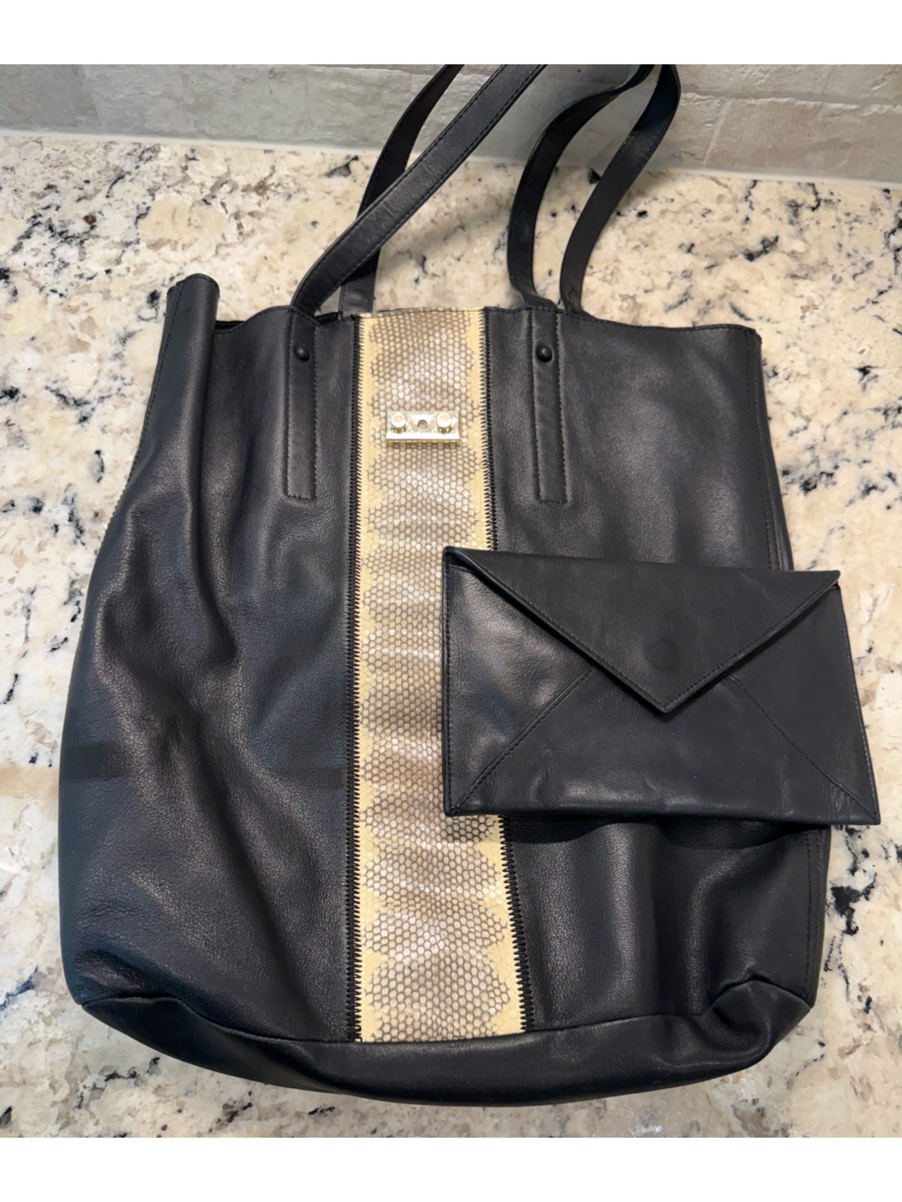 Loeffler Randall EUC Black Leather Tote w/Python Center Panel
